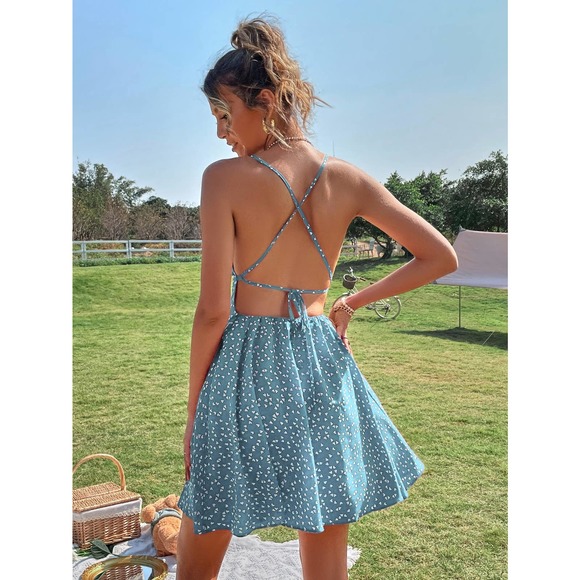 Boho Backless Heart Print Crisscross Tie Back Cami Dress red - Picture 5 of 9